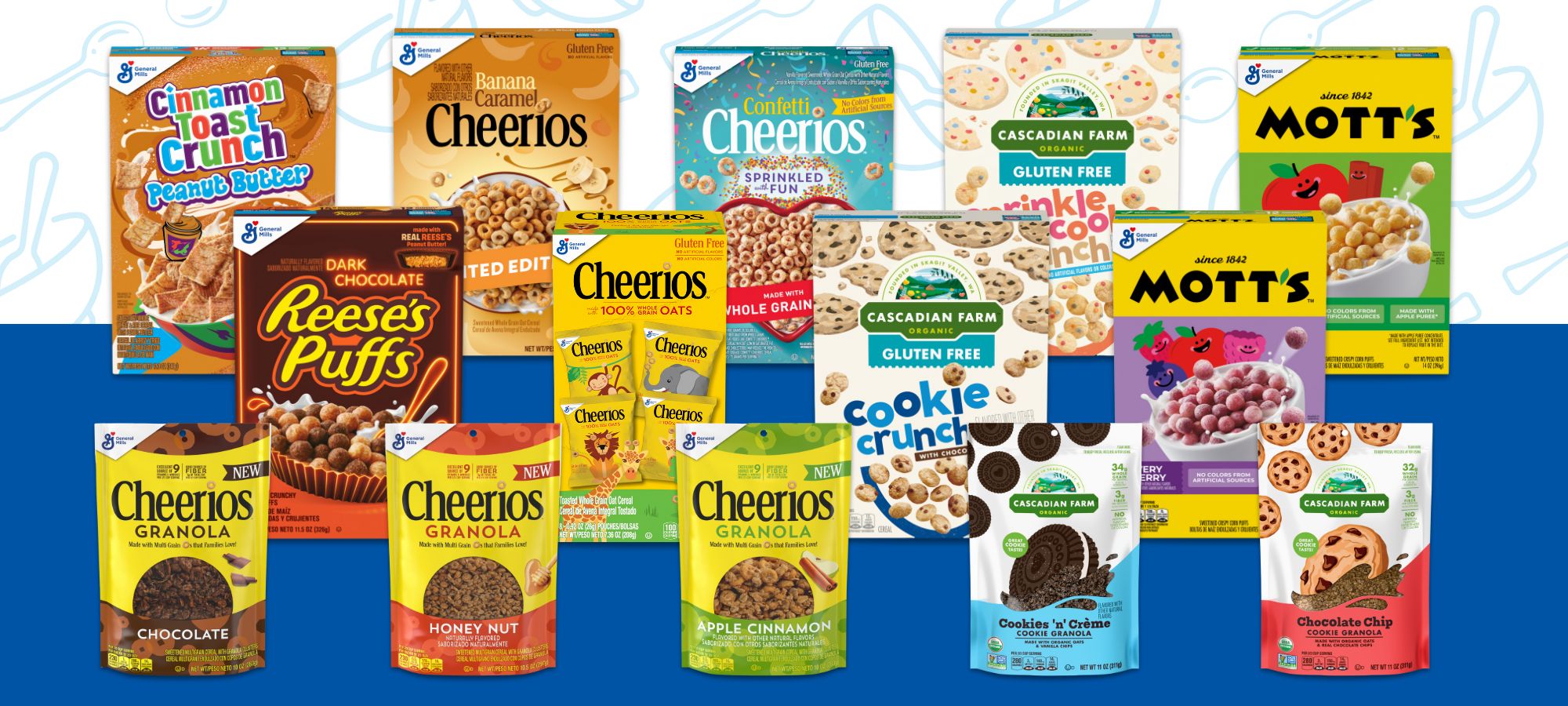 ​​New cereals from General Mills are pictured together in front of a blue and white background.