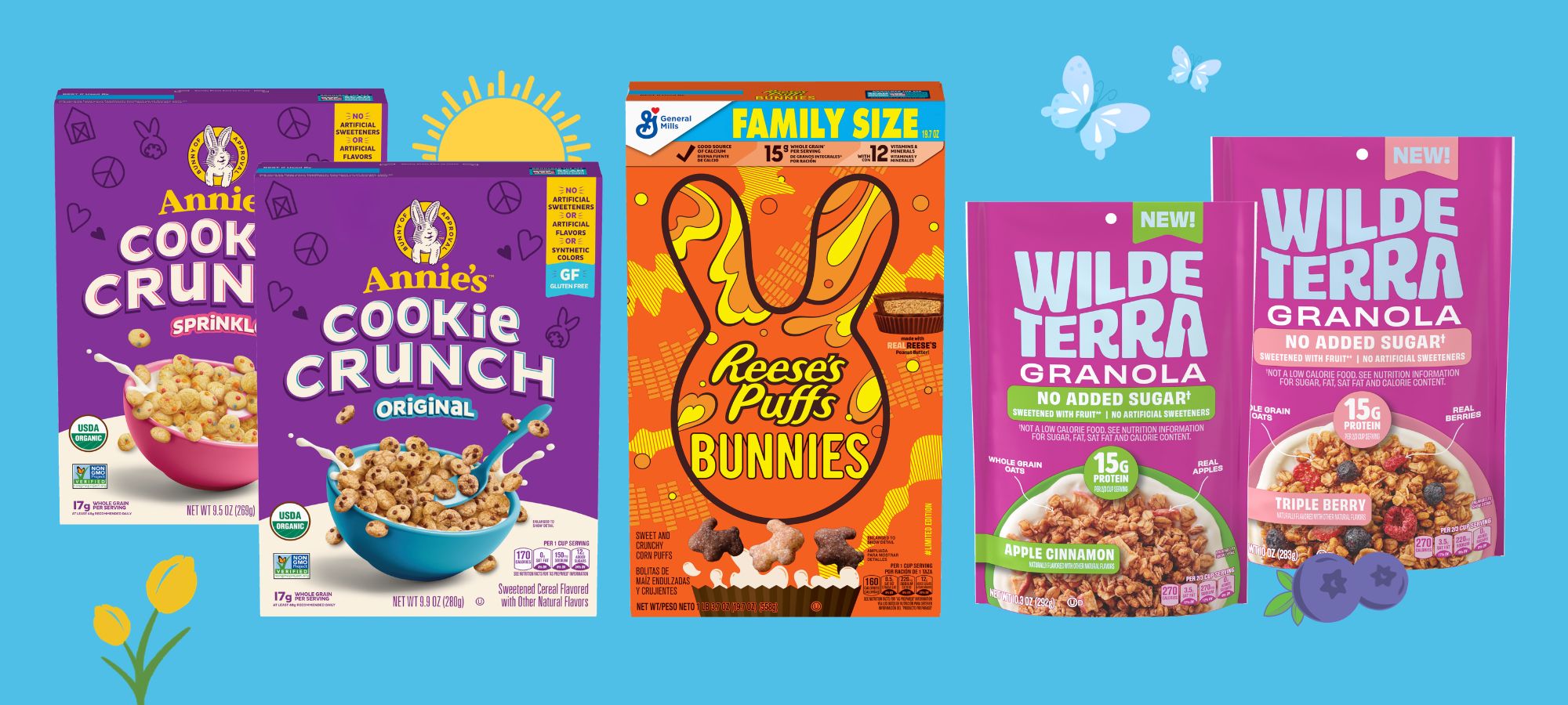 Pillsbury Shape Sugar Cookies, Reeses’s Puffs Bunnies, Betty Crocker Delights and more spring-forward products arranged on a bright blue background with sun and buttery fly infographics for spring.